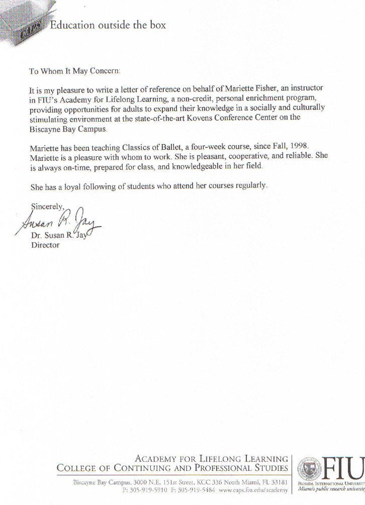 mariette fisher florida international university reference letter fiu letter of recommendation