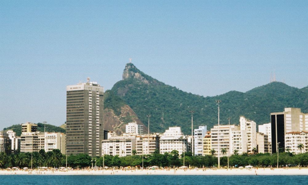 Copacabana Beach with Corcavado Mountain and the Christ Statue in the background.