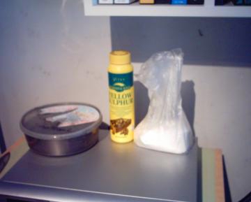 from left to right: Charcoal, sulphur, potassium nitrate