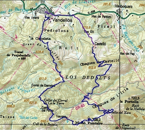 Mapa de la ruta: Vandell�s-Moll� del Puntaire-Castell�