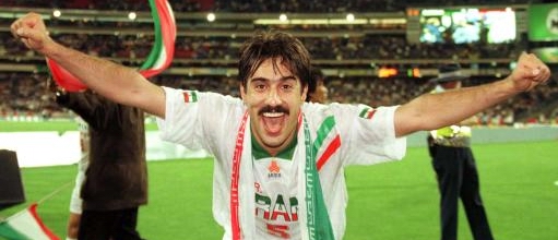 Peyrovani celebrating Iran's qualification to france 98' after beating Australia 3-3 on aggregates