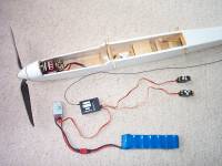 Geared ferrite motor, speed controller and folding propeller installed in a Spectra powered glider
