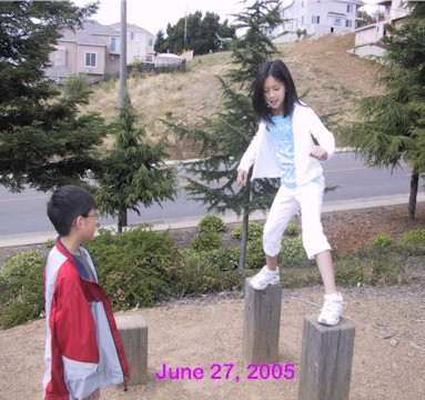 Emily stepping over a pole