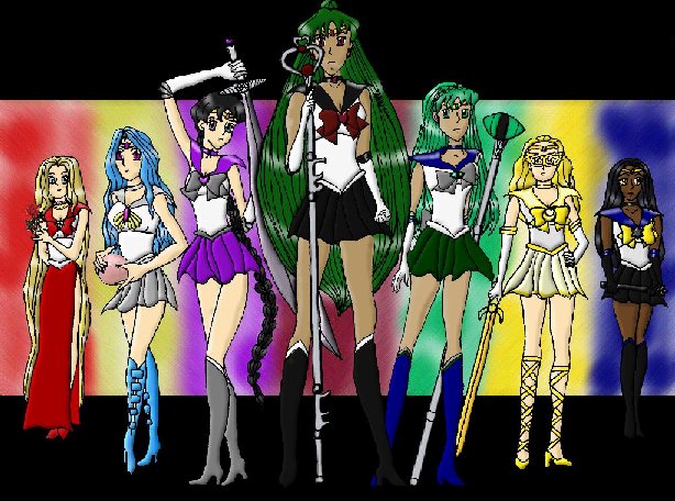 The Senshi Elite from R to L(Sailors Elegance, Maksis, Nemesis, Pluto, Animalia, Sun, and Sirius)