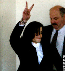 Michael Jackson displays two pieces of evidence for a crowd of onlookers.