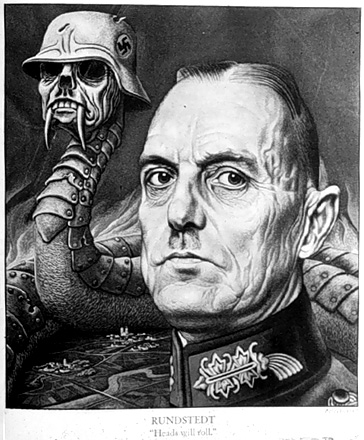 General Rundstedt depicted in a political Cartoon.&nbsp; Rundstedt was the Axis Commander of the region where the Normandy invasion took place