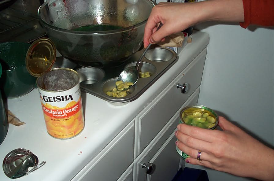 note grimey green jello in the can of beans