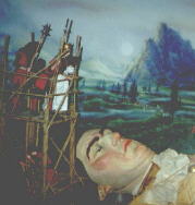 Gulliver sleeping with the Lilliputians looking on.