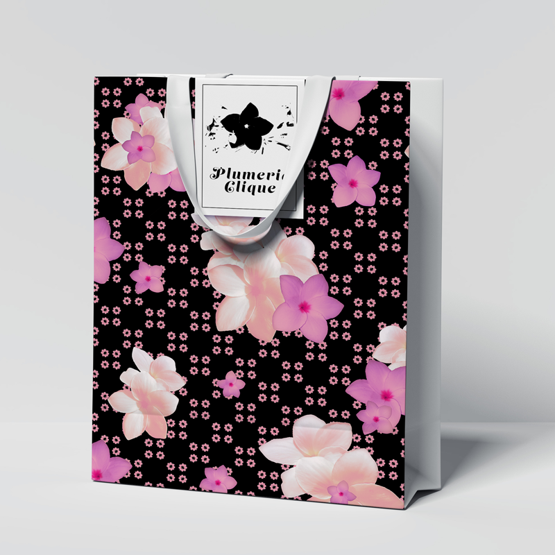 Branding, patterned shopping bag for Plumeria Clique