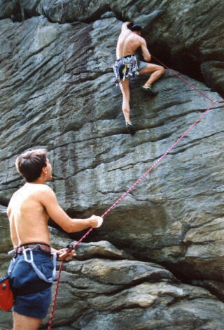 Benoit belaying Rob on Diagonal (5.8). Hope you don't fall, Rob!