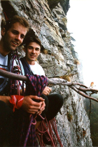 Iain (r) and Rob (l) stuck on a ledge at the Gunks in a torrential downpour