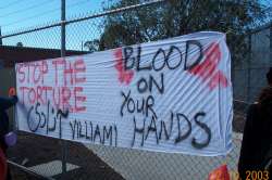 Spraypainted banner - Blood on your hands