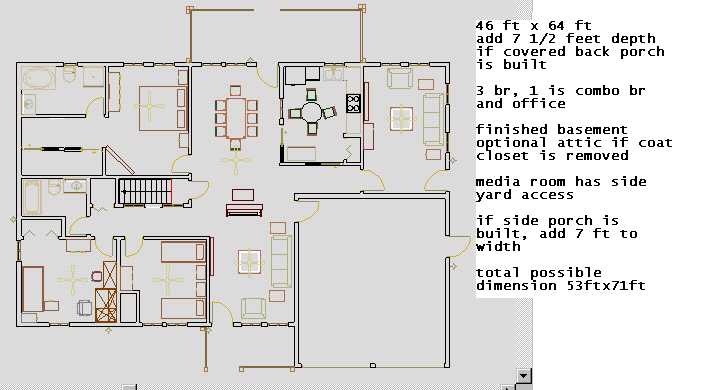 46 ft x 64 ft, 3 bed room plan