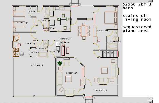 52 ft x 60 ft 3 bed room, basement stair access off living room