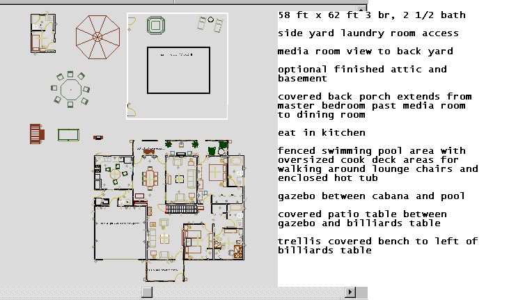 58 ft x 62 ft, fence/eclosed pool, hot tub, plus gazebo, patio set, billiards table and cabana in back yard