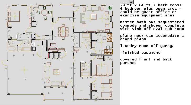 59 ft x 65 ft, 4 bed rooms, both hall baths should be altered (1. reverse 1 vertically, 2. reverse one horizontally so door faces front bedroom & study nook) deluxe 2 room master bath