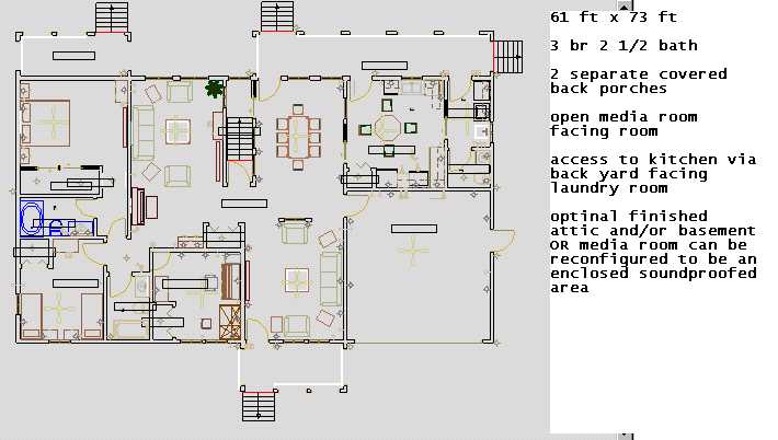 61 ft x 73 ft, 3 porchs, powder room off kitchen and laundry rooms