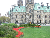 East Block of Parliament, with tulips. Photo by Meghan Hansen