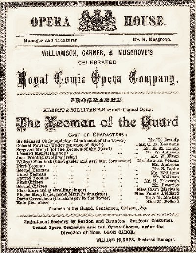 Programme for the first Wellington performance of 'Yeomen'. Permission of the Alexander Turnbull Library, National Library of New Zealand Te Puna M&auml;tauranga o Aotearoa, must be obtained before any re-use of this image.