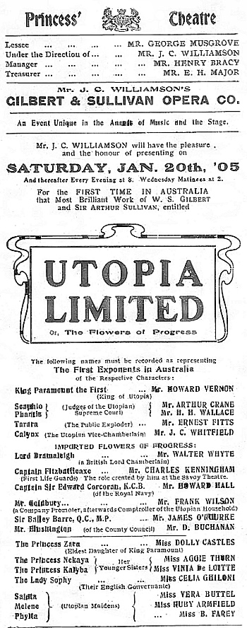 Programme for the first performance of Utopia Ltd