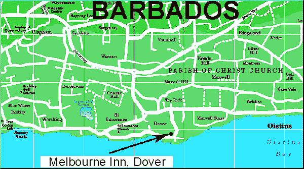 Location map for Melbourne Inn Bed & Breakfast, Christ Church, Barbados...
