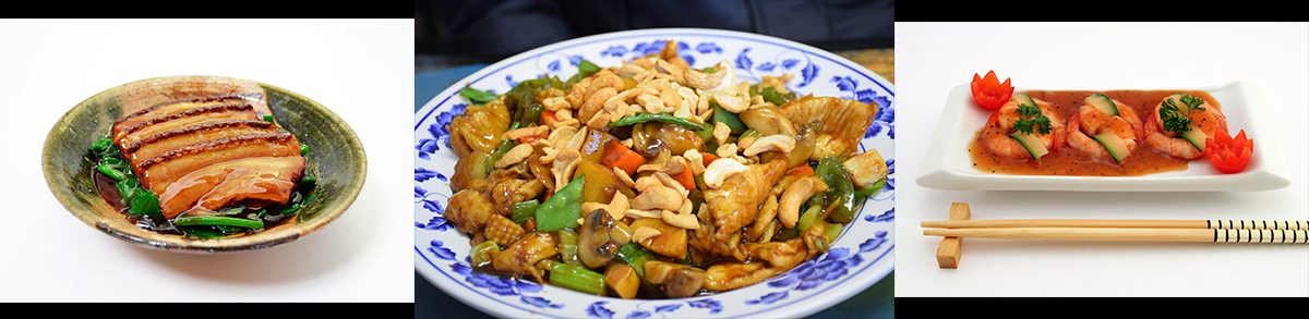 duck plate chicken cashew dish and shrimp in red sauce dish