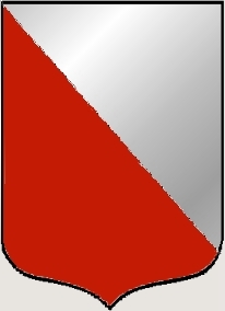Per bend, argent and gules