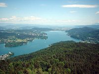 Lake Worthersee and the view towards Klagenfurt from the top of the Pyramidenkogel viewing tower, Austria