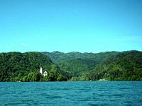 Approaching the island and St. Mary's Church by gondola