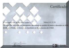 Certificado que recibi� Siderea como proveedora galardonada por CVRD de Brasil.