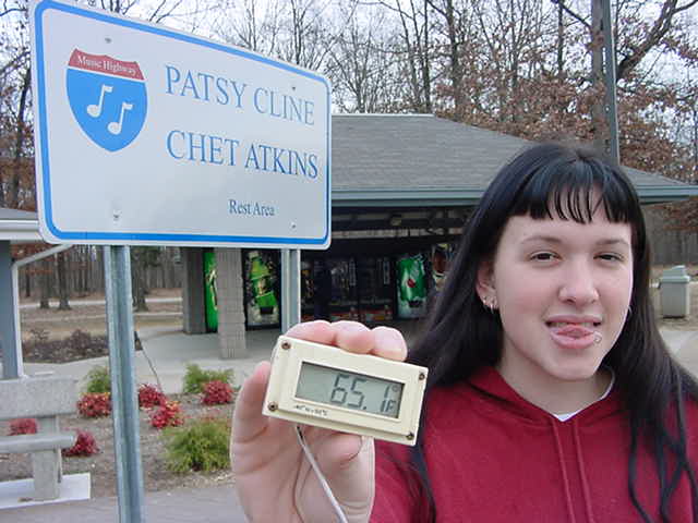 Fatty at her favorite reststop with a thermometer