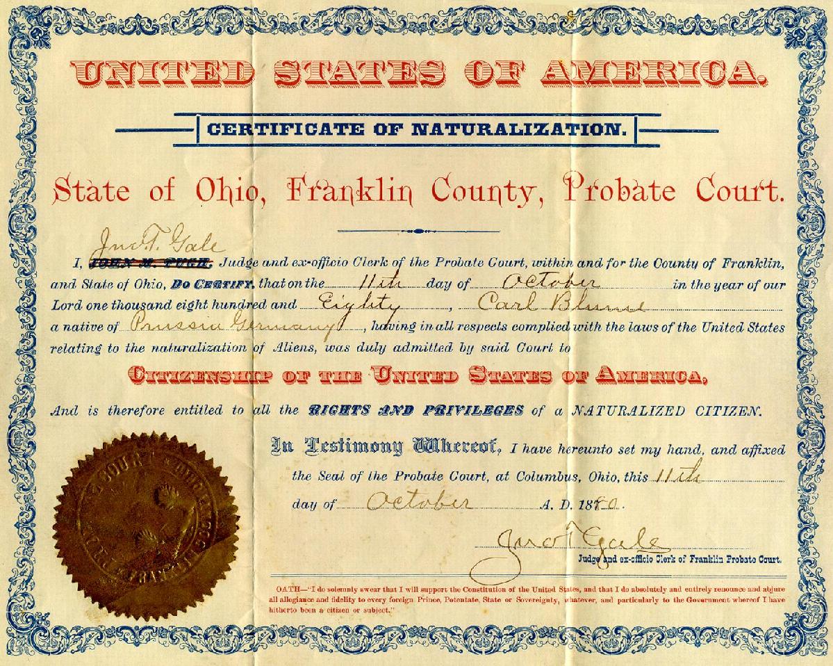 Naturalization papers for Carl Bluhm