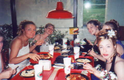 Here are the Pink Ladies at Fazolis before prom.