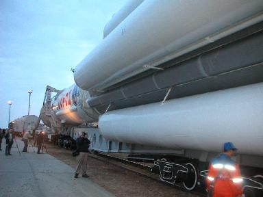 AMC 9 launch vehicle rolling past the camera