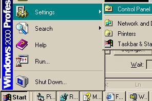 Example of clicking the Start button, then Settings, Control Panel: