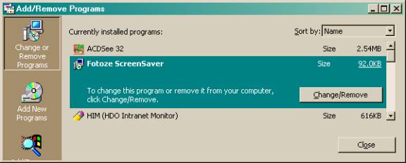 Example of clicking Add/Remove Programs, selecting Fotoze ScreenSaver, then clicking Change/Remove