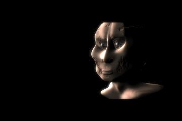 A bust of the villan rendered in Blender 2.35