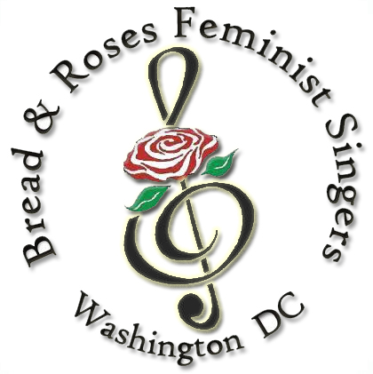 Bread and Roses Feminist Singers, Washington DC, logo: name with treble clef and a full blown red rose