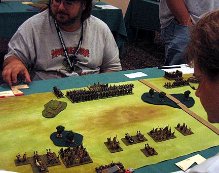 John Lawitzke prepares for his East Franks to move out against Jenny Torbett's Ancient British