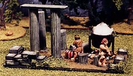 Greek camp followers cook amidst ruined columns