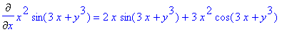 Diff(x^2*sin(3*x+y^3),x) = 2*x*sin(3*x+y^3)+3*x^2*c...