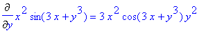 Diff(x^2*sin(3*x+y^3),y) = 3*x^2*cos(3*x+y^3)*y^2