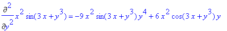 Diff(x^2*sin(3*x+y^3),`$`(y,2)) = -9*x^2*sin(3*x+y^...