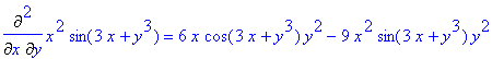 Diff(x^2*sin(3*x+y^3),y,x) = 6*x*cos(3*x+y^3)*y^2-9...