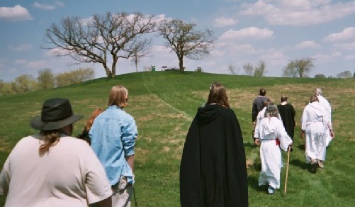 Druids progressing from Monument Hill to the Hill of Three Oaks.  Both sites were the primary locations of the original services in 1963.  Participants shown: Wilke, ?, Crimmins, Weinberger, Shelton, Frangquist, Carruth, Nelson