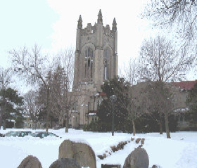  Skinner Chapel with its great tower  as seen from the reputed stone circle on the grave of the first chaplain of Carleton College.  