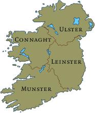 the four historical provinces of Ireland, sometimes with Meath, a fifth province in the middle.