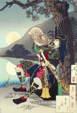A dramatic print by Yoshitoshi Tsukioka showing a warrior blowing the war conch at Shizugatake. Hideyoshi's orders for a general assault on the enemy came at 2 in the morning, thus explaining the night environment of the print.