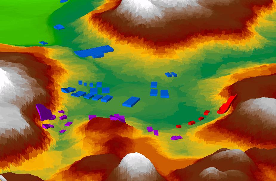 North is to the left. The largest Eastern Army (blue) unit is that of Tokugawa Ieyasu, with 30000 men. Situated near Mount Nangu, Ieyasu held back for most of the battle, letting his vanguard units take the brunt of the fighting. The largest Western Army (purple) unit is that of Ukita Hideie with 17000, just barely visible over the crest of little Mount Tengu, while the large unit north of him is Ishida Mitsunari, with 6000 men. Kobayakawa Hideaki, with 15600 men, is visible towards the south. 