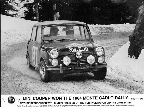 Official Rover Picture of Mini Cooper winning Monte Carlo Rally 1964.
